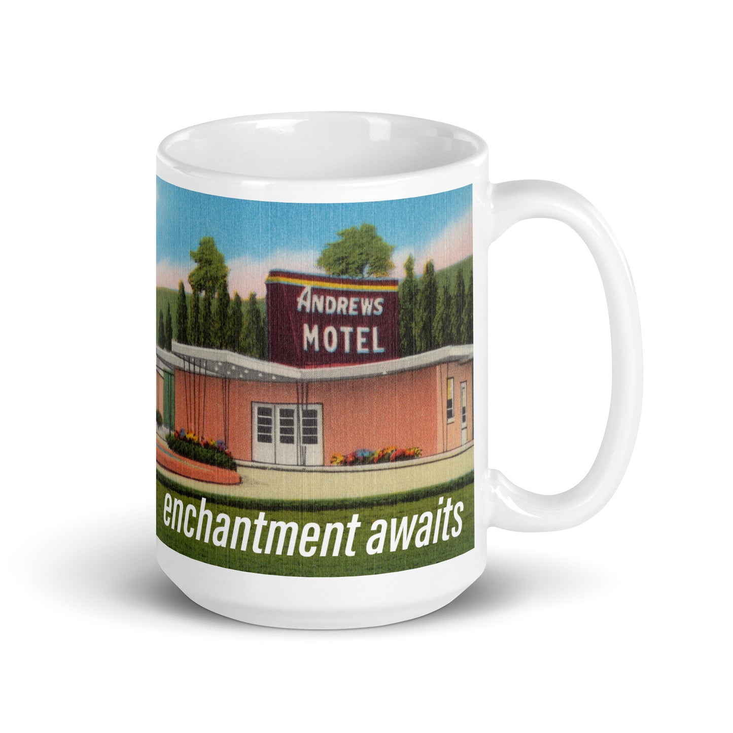 Enchantment Awaits Vintage Motel Postcard 15 oz mug